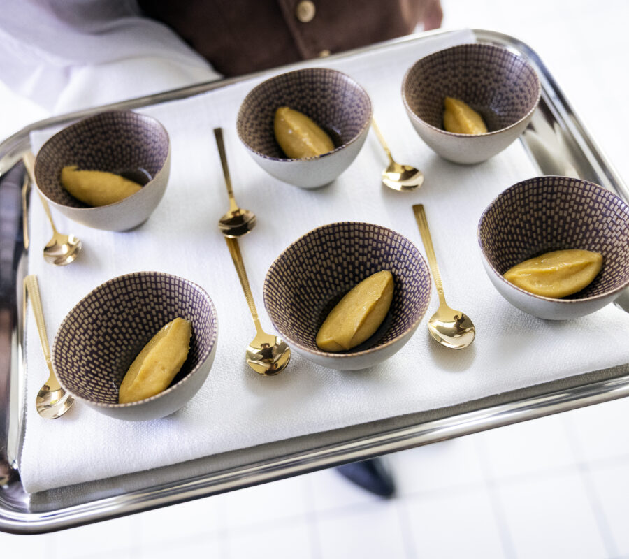 Kom mossaic aubergine O 10 cm met dessertlepel ribble gold