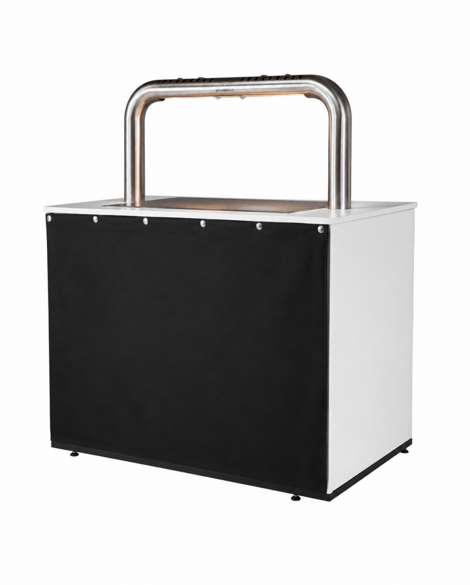 Buffet wit met warmhoudbrug en gordijn zwart