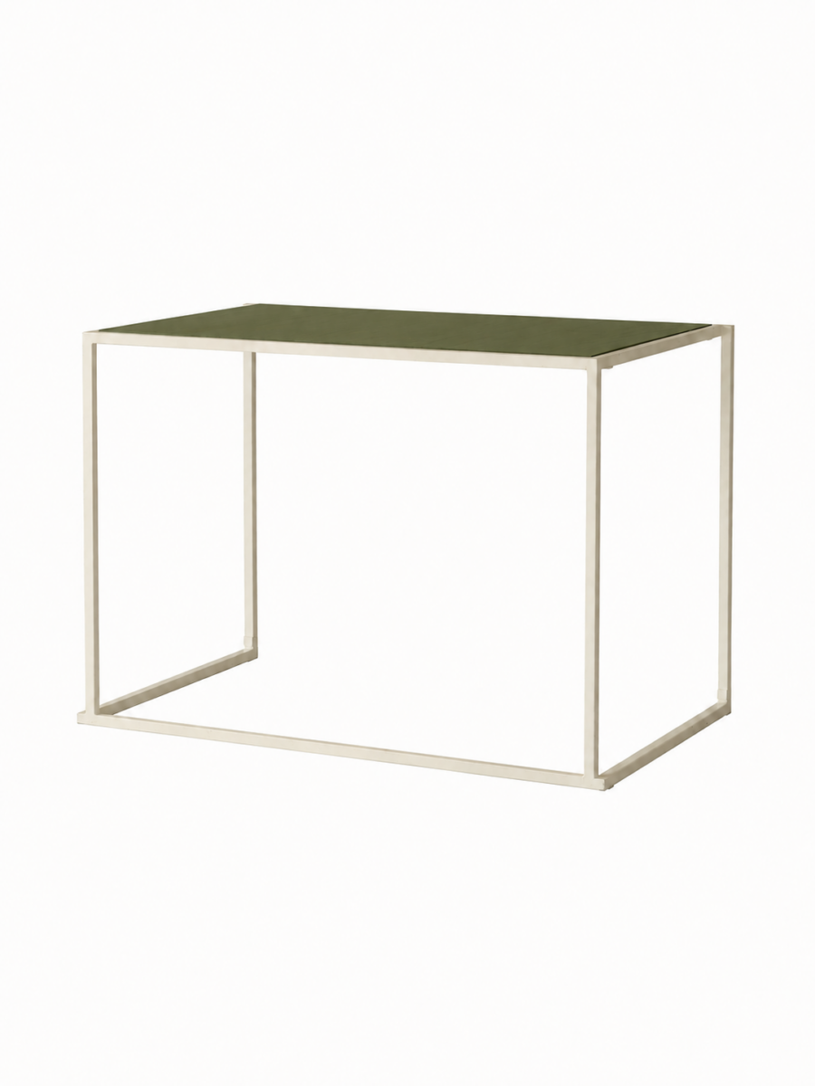 Tafel open frame langwerpig LAAG BEIGE tafelblad OLIJFGROEN L120 x B75 x H75